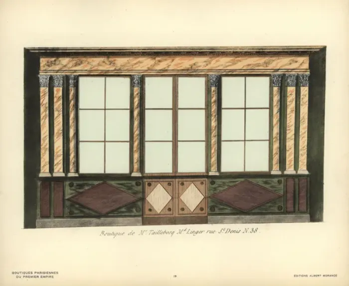 Framed Print : Shopfront of Taillebosqs fabric store, Paris, circa 1800 Framed Print : Shopfront of Taillebosqs fabric store, Paris, circa 1800