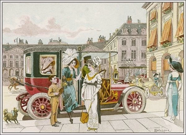 Shopping by Car. Elegant Parisiennes use their automobile for shopping