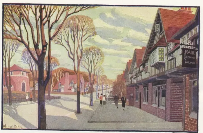 Framed Print : Shopping centre at Bournville, Birmingham, the estate built by the progressive industrialist George Cadbury to house his workers, and provide amenities and a pleasant environment for the community. Date: c.1920 Framed Print : Shopping centre at Bournville, Birmingham, the estate built by the progressive industrialist George Cadbury to house his workers, and provide amenities and a pleasant environment for the community. Date: c.1920
