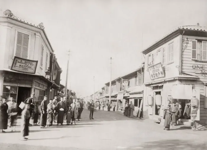 Framed Print : Shops on Motomachi Street, Kobe, Japan, c. 1890 Framed Print : Shops on Motomachi Street, Kobe, Japan, c. 1890