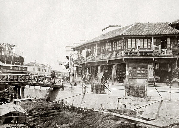 Shops along a wharf, Shanghai, China, c. 1880 s