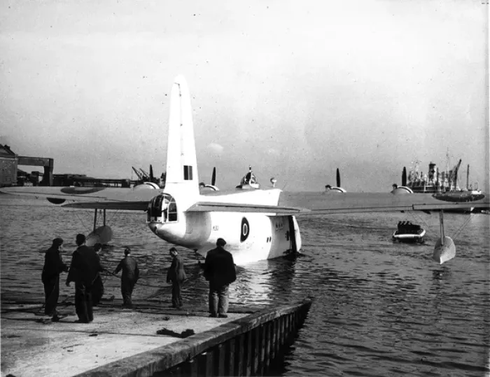 Framed Print : Short Sunderland III ML821 being launched from the factory Framed Print : Short Sunderland III ML821 being launched from the factory