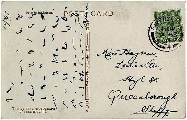 Shorthand on the back of a postcard. Date: 1917