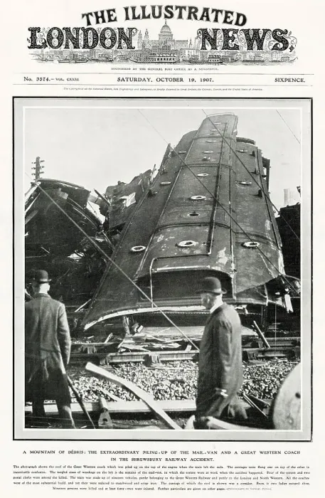 Framed Print : Shrewsbury rail accident, showing the roof of the Great Western Railway coach which was piled up on the top of the engine when train left the rails. Date: October 1907 Framed Print : Shrewsbury rail accident, showing the roof of the Great Western Railway coach which was piled up on the top of the engine when train left the rails. Date: October 1907