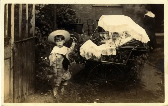 Framed Print : Siblings with Vintage Pram, (Dalston Publisher), England Framed Print : Siblings with Vintage Pram, (Dalston Publisher), England