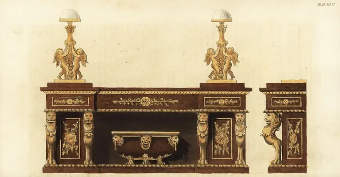 Framed Print : A sideboard in mahogany with gilt ornaments and Chimera supports Framed Print : A sideboard in mahogany with gilt ornaments and Chimera supports