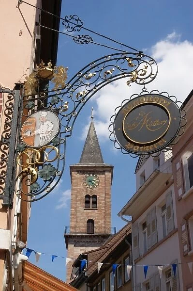 Sign and tower, Eberbach, Baden Wurttemberg, Germany