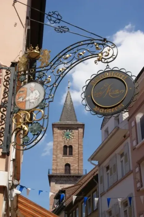 Framed Print : Sign and tower, Eberbach, Baden Wurttemberg, Germany Framed Print : Sign and tower, Eberbach, Baden Wurttemberg, Germany