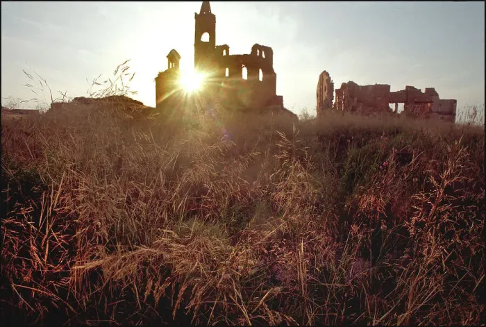Framed Print : Silhouette of church and ruins, Belchite, Spain Framed Print : Silhouette of church and ruins, Belchite, Spain