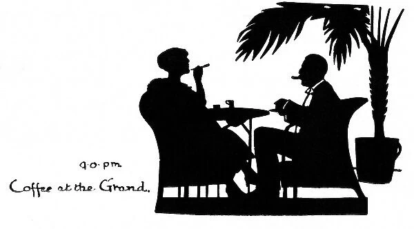 Silhouette of a couple taking evening coffee