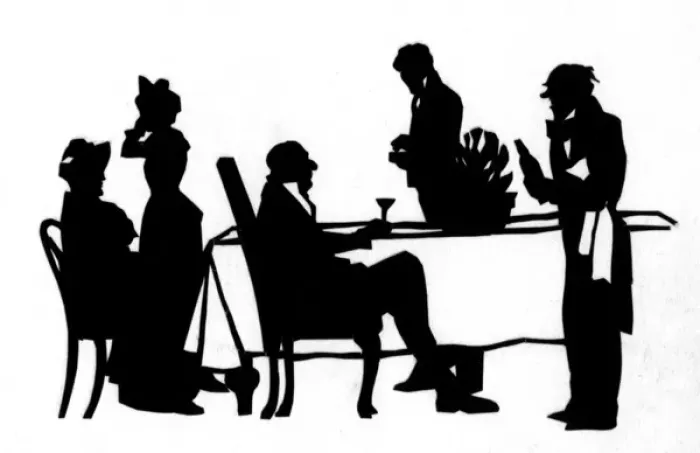 Framed Print : Silhouette of diners and waiters at a table Framed Print : Silhouette of diners and waiters at a table