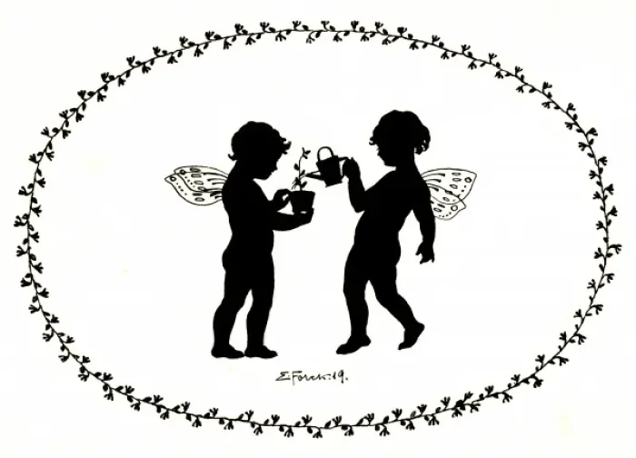 Framed Print : Silhouette of fairies tending a plant Framed Print : Silhouette of fairies tending a plant