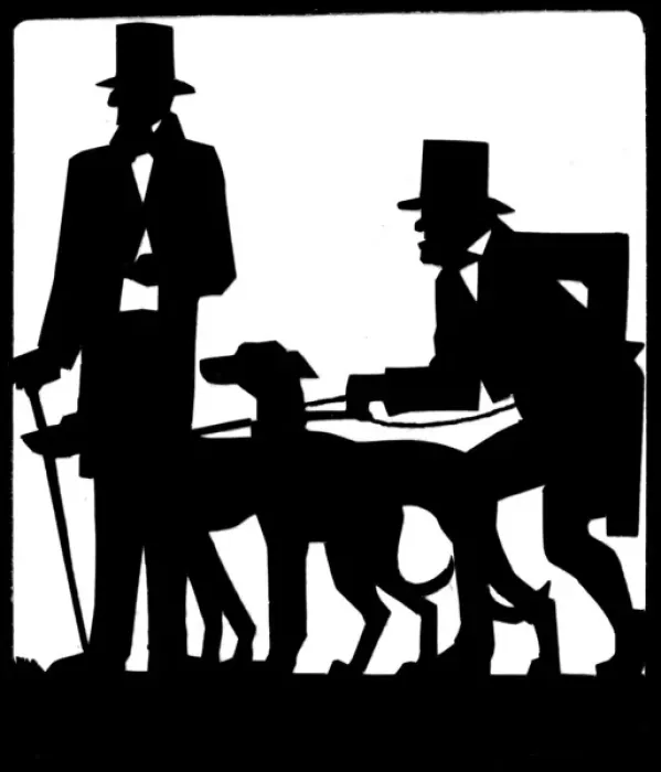 Framed Print : Silhouette of two men with dogs Framed Print : Silhouette of two men with dogs