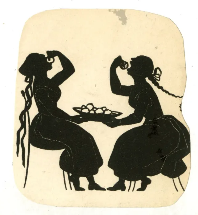 Framed Print : Silhouette, Two seated women eating from a bowl of fruit Framed Print : Silhouette, Two seated women eating from a bowl of fruit