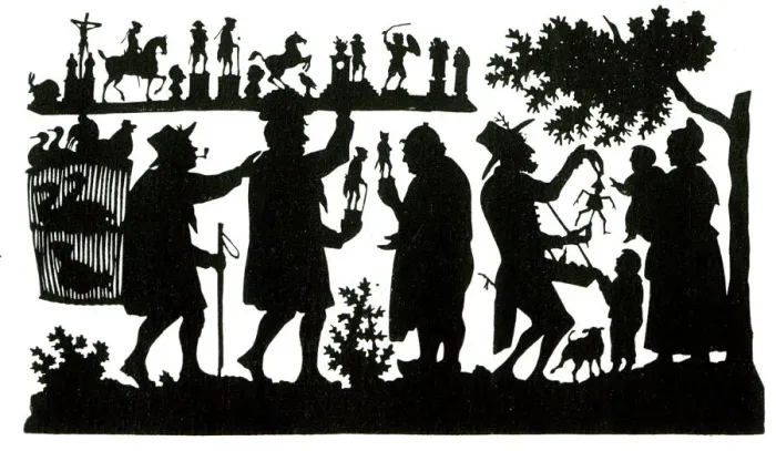 Framed Print : Silhouette, Travelling salesman and toy seller