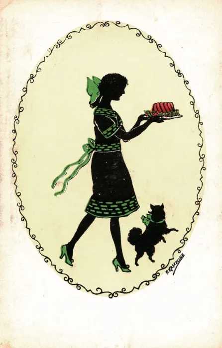 Framed Print : Silhouette of woman, dog and food on a postcard Framed Print : Silhouette of woman, dog and food on a postcard
