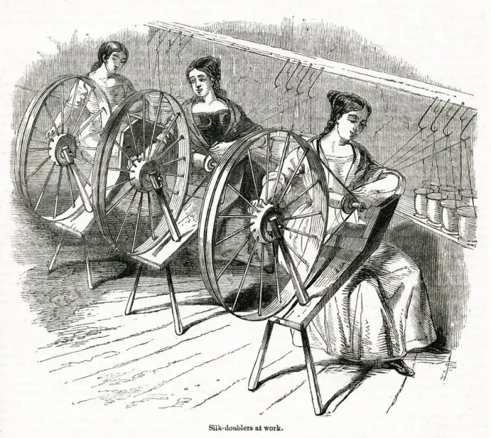 Framed Print : Silk-doublers at work 1843 Framed Print : Silk-doublers at work 1843