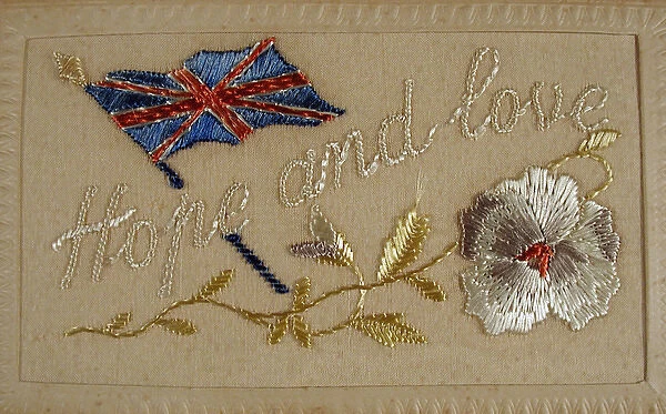 Silk embroidered on card - Hope and Love Union Flag
