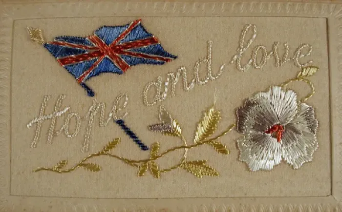 Framed Print : Silk embroidered on card - Hope and Love Union Flag Framed Print : Silk embroidered on card - Hope and Love Union Flag
