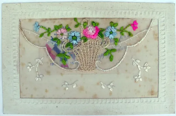 Framed Print : Silk postcard embroidered with flowers in a basket Framed Print : Silk postcard embroidered with flowers in a basket