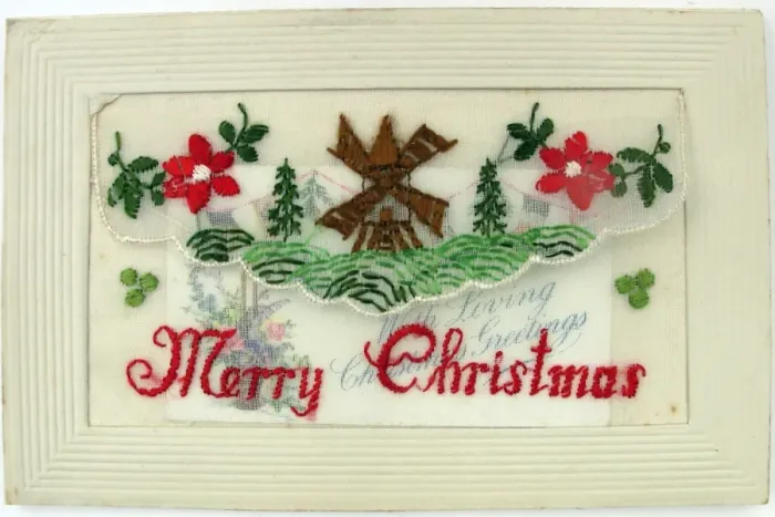 Framed Print : Silk postcard embroidered Merry Christmas - WWI era Framed Print : Silk postcard embroidered Merry Christmas - WWI era