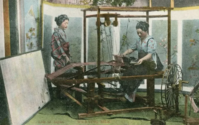 Framed Print : Silk weaving on a loom - Japan Framed Print : Silk weaving on a loom - Japan