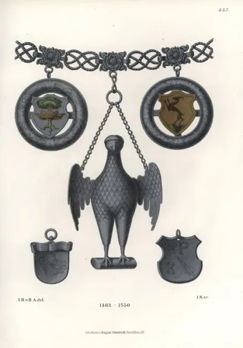 Framed Print : Silver chain with eagle amulet, coats of arms, and shields Framed Print : Silver chain with eagle amulet, coats of arms, and shields