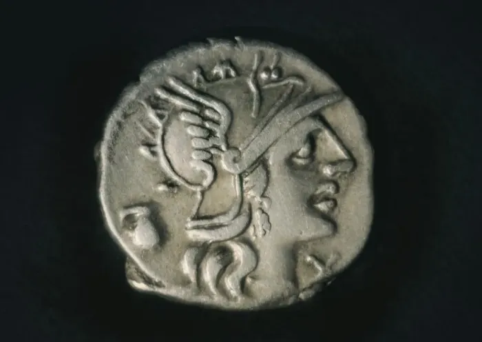 Framed Print : Silver Denarius with depiction of Rome deified with Framed Print : Silver Denarius with depiction of Rome deified with