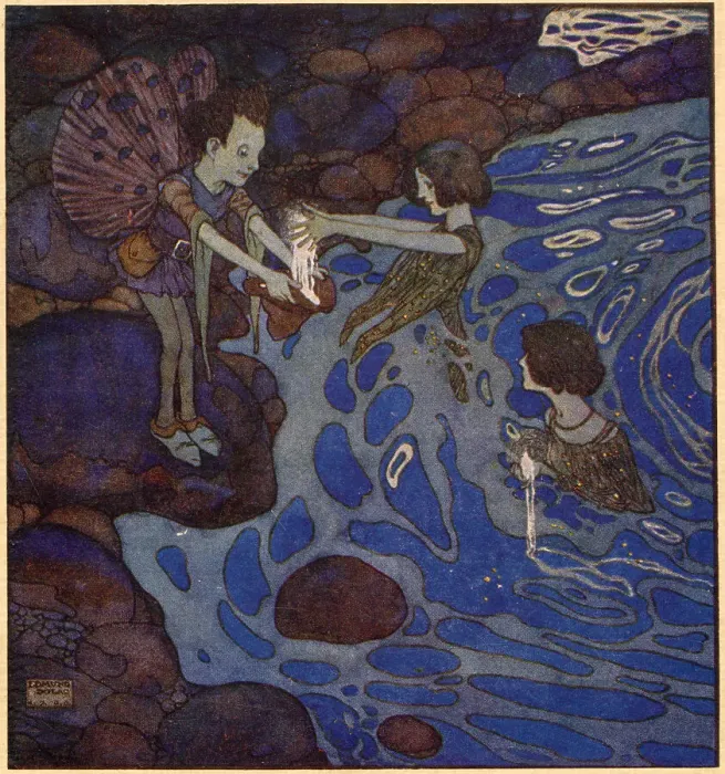 Framed Print : And because the silver of the moonshine-fairies is very light he was able to carry a great deal of it. Scene from The Cloud that Had No Lining illustrated by Edmund Dulac. Date: 1913 Framed Print : And because the silver of the moonshine-fairies is very light he was able to carry a great deal of it. Scene from The Cloud that Had No Lining illustrated by Edmund Dulac. Date: 1913