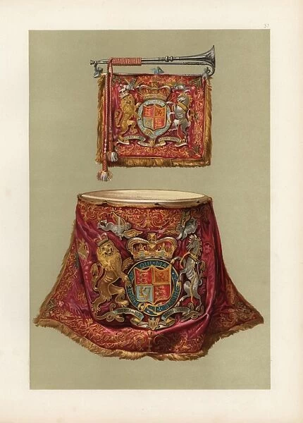 Silver state trumpet and kettledrum with the Royal Arms