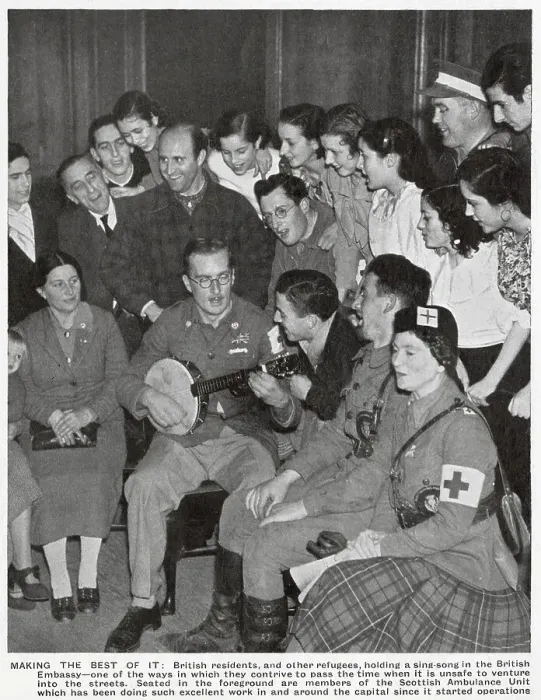 Framed Print : A sing-song in the British Embassy at Madrid, during the early stages of the Spanish Civil War, 1936. A number of British citizens in Madrid had sought refuge in the Embassy Framed Print : A sing-song in the British Embassy at Madrid, during the early stages of the Spanish Civil War, 1936. A number of British citizens in Madrid had sought refuge in the Embassy