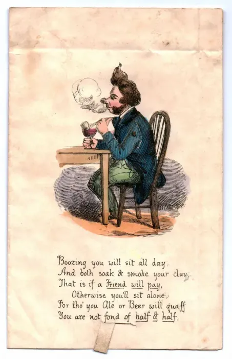 Framed Print : Single man drinking and smoking on a comic greetings card Framed Print : Single man drinking and smoking on a comic greetings card