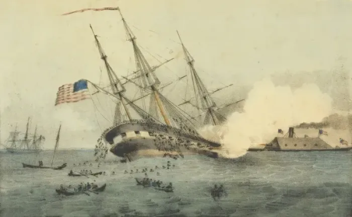 Framed Print : The sinking of the Cumberland by the iron clad Merrimac, off Framed Print : The sinking of the Cumberland by the iron clad Merrimac, off