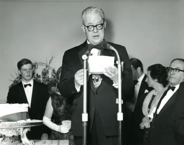 Framed Print : Sir George Gardner, RAeS President 1965-1966, reads the ? Framed Print : Sir George Gardner, RAeS President 1965-1966, reads the ?