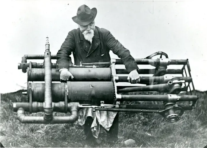 Framed Print : Sir Hiram Maxim in 1894 with one of the two steam engine? Framed Print : Sir Hiram Maxim in 1894 with one of the two steam engine?