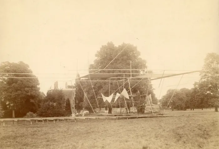 Framed Print : Sir Hiram Maxim steam-driven aeroplane, Baldwyn?s Park, Kent Framed Print : Sir Hiram Maxim steam-driven aeroplane, Baldwyn?s Park, Kent