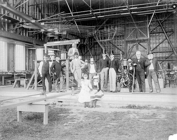 Sir Hiram Maxim and visitors at his shed at Baldwyns Park