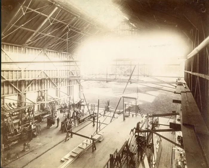 Framed Print : Sir Hiram Maxim?s workshop at Baldwyn?s Park, Kent, 1890 Framed Print : Sir Hiram Maxim?s workshop at Baldwyn?s Park, Kent, 1890