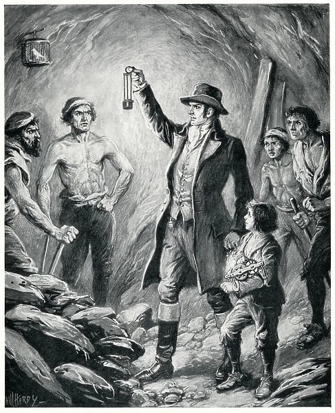 Sir Humphry Davy in a mine with his safety lamp