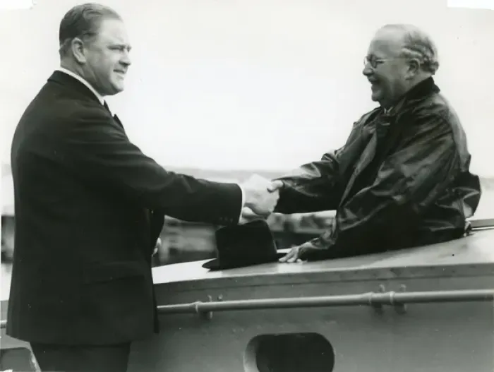 Framed Print : Sir Kingsley Wood is greeted by Mr Scott-Paine when insp? Framed Print : Sir Kingsley Wood is greeted by Mr Scott-Paine when insp?