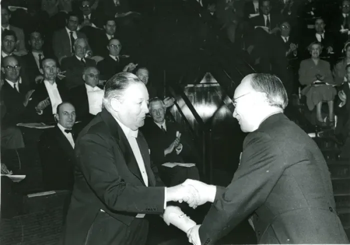 Framed Print : Sir Roy Dobson, CBE, left, is presented with his certifi?
