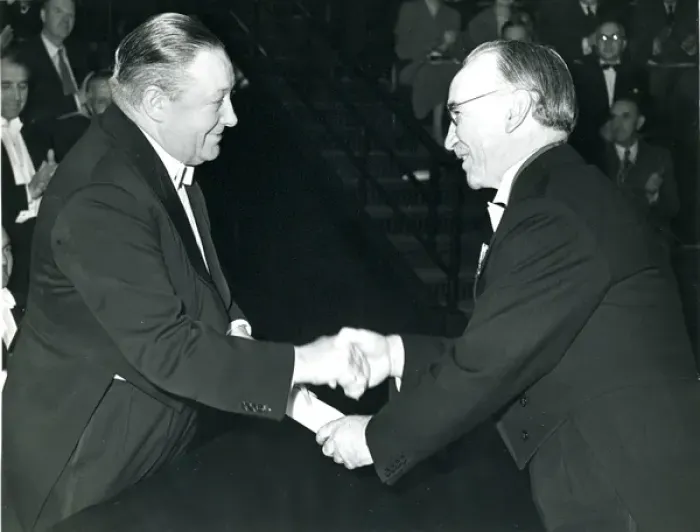 Framed Print : Sir Roy Dobson, CBE, left, is presented with his certifi? Framed Print : Sir Roy Dobson, CBE, left, is presented with his certifi?