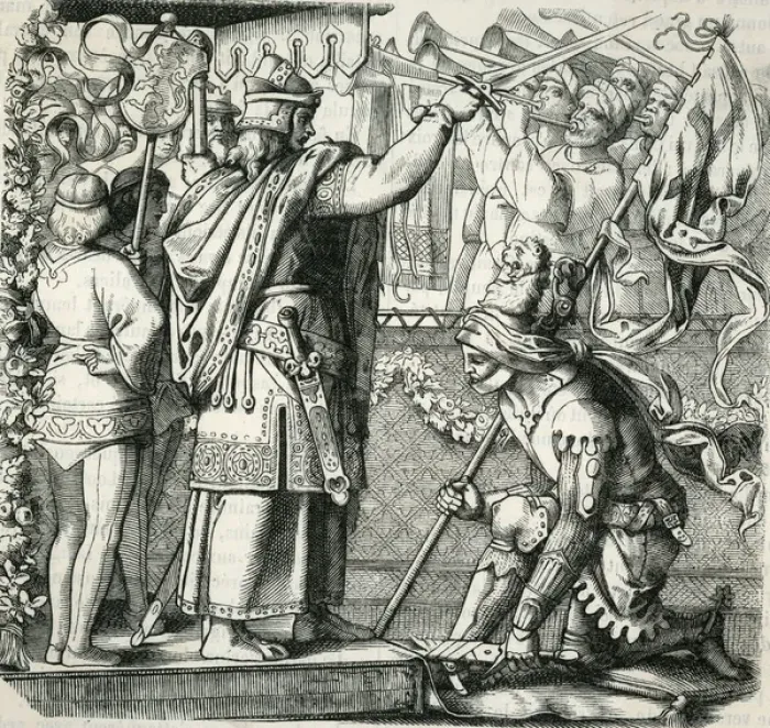 Framed Print : The Sire of Longueval knighting Roland Framed Print : The Sire of Longueval knighting Roland