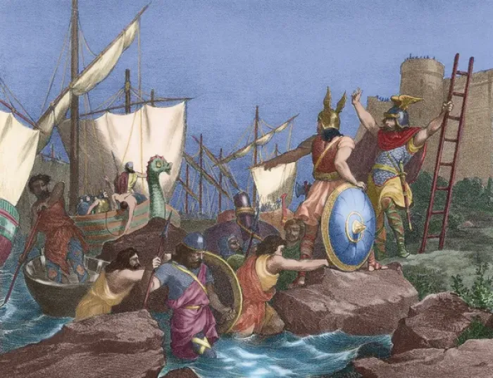 Framed Print : Sisebut (c. 565-621) landing in Tangier. Engraving. Colored Framed Print : Sisebut (c. 565-621) landing in Tangier. Engraving. Colored