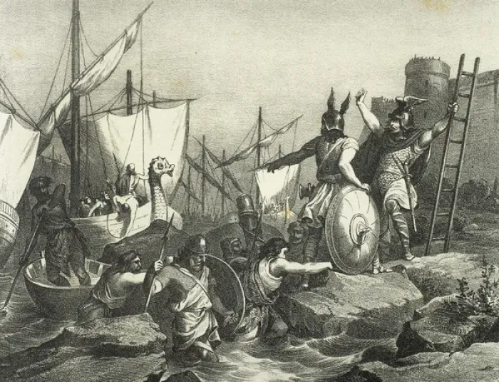 Framed Print : Sisebut (c. 565-621) landing in Tangier. Engraving Framed Print : Sisebut (c. 565-621) landing in Tangier. Engraving