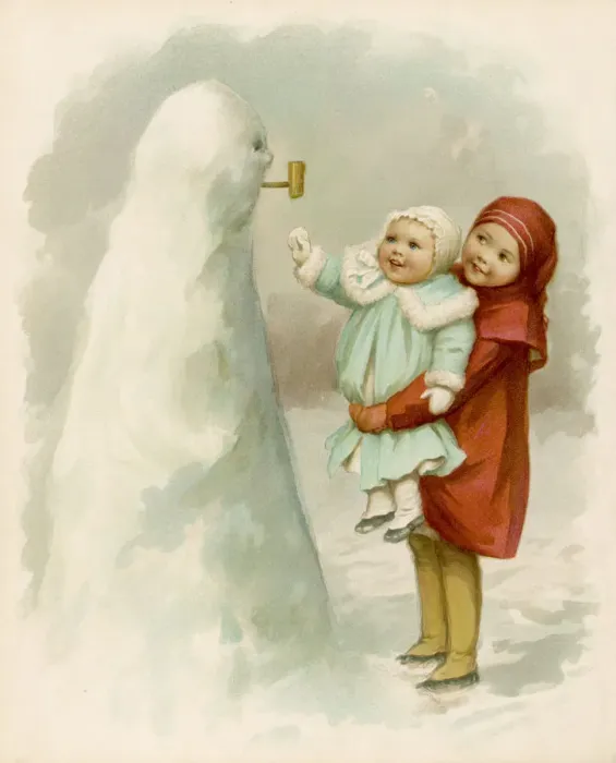 Framed Print : Sister holding up baby to see their snowman Framed Print : Sister holding up baby to see their snowman