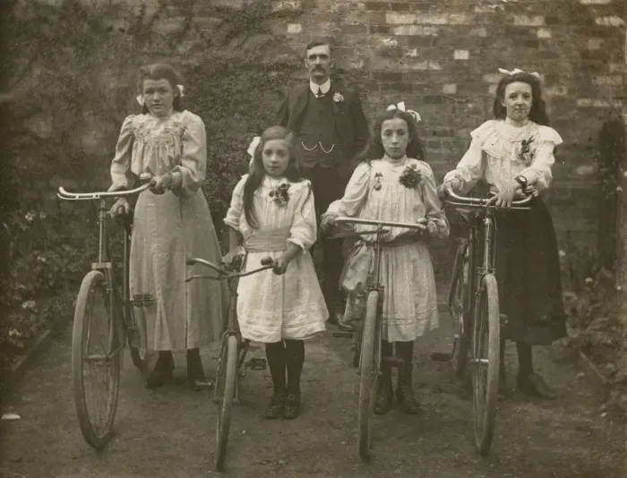 Framed Print : Four Sisters stand proudly with their bicycles Framed Print : Four Sisters stand proudly with their bicycles