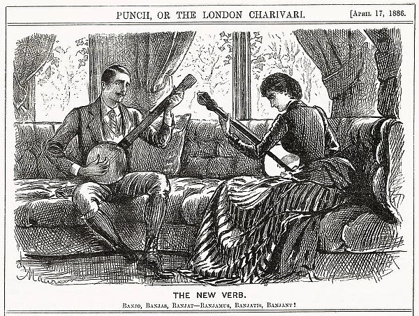 They sit in a window-seat each playing his / her banjo - the instrument is the fashionable pastime of the day. Date: 1886