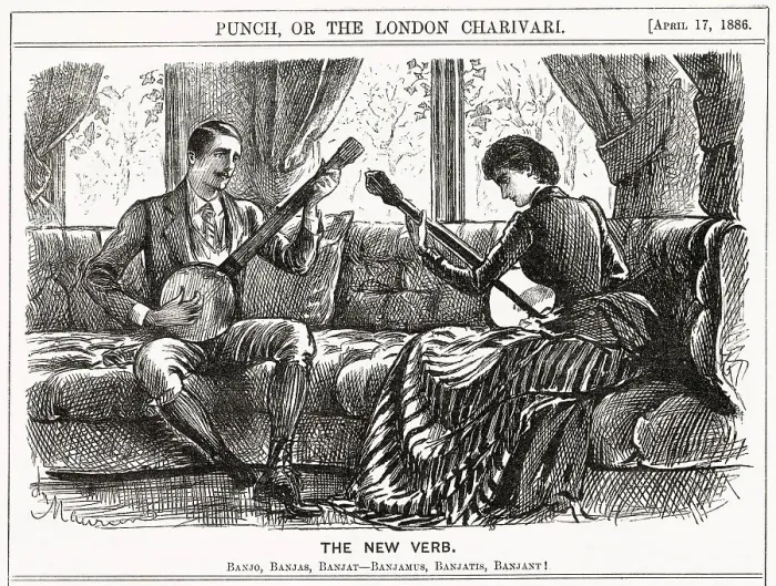 Framed Print : They sit in a window-seat each playing his / her banjo - the instrument is the fashionable pastime of the day. Date: 1886 Framed Print : They sit in a window-seat each playing his / her banjo - the instrument is the fashionable pastime of the day. Date: 1886
