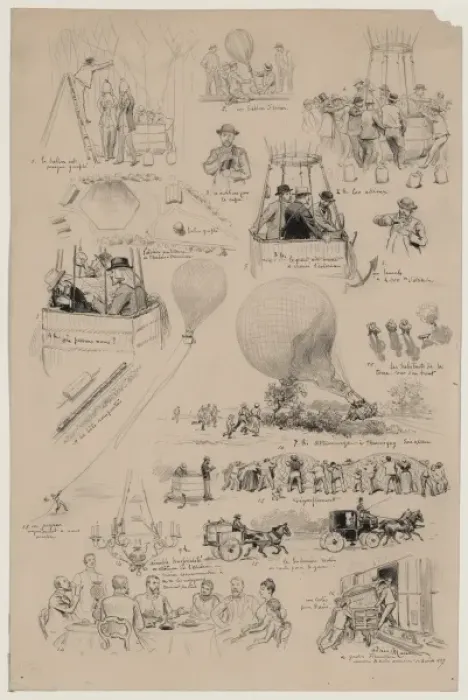 Framed Print : Sixteen vignettes from the lives of French balloonists, Albe Framed Print : Sixteen vignettes from the lives of French balloonists, Albe
